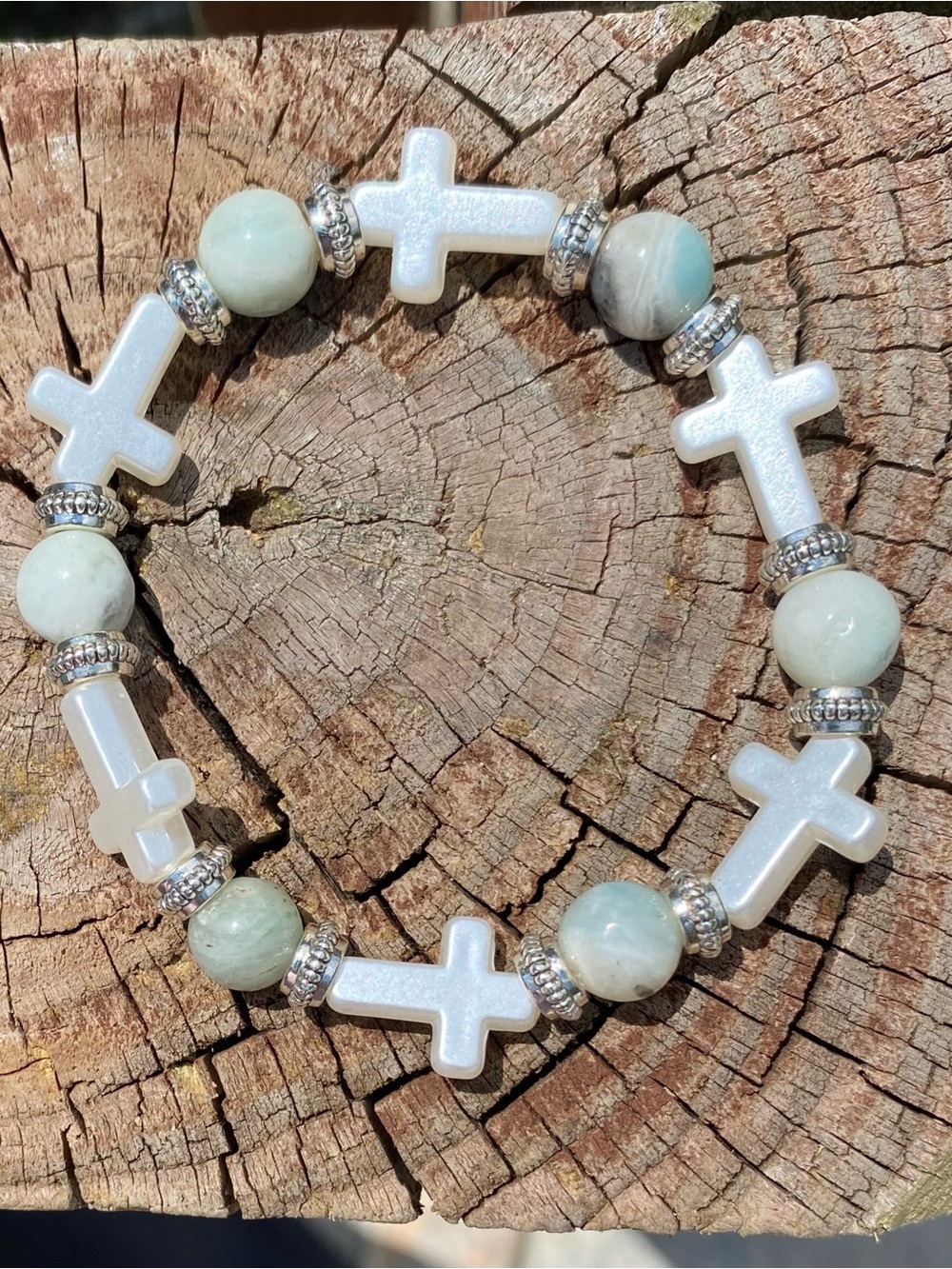 White Cross and Light Aqua Bead Stretch Bracelet | From Sea to Country